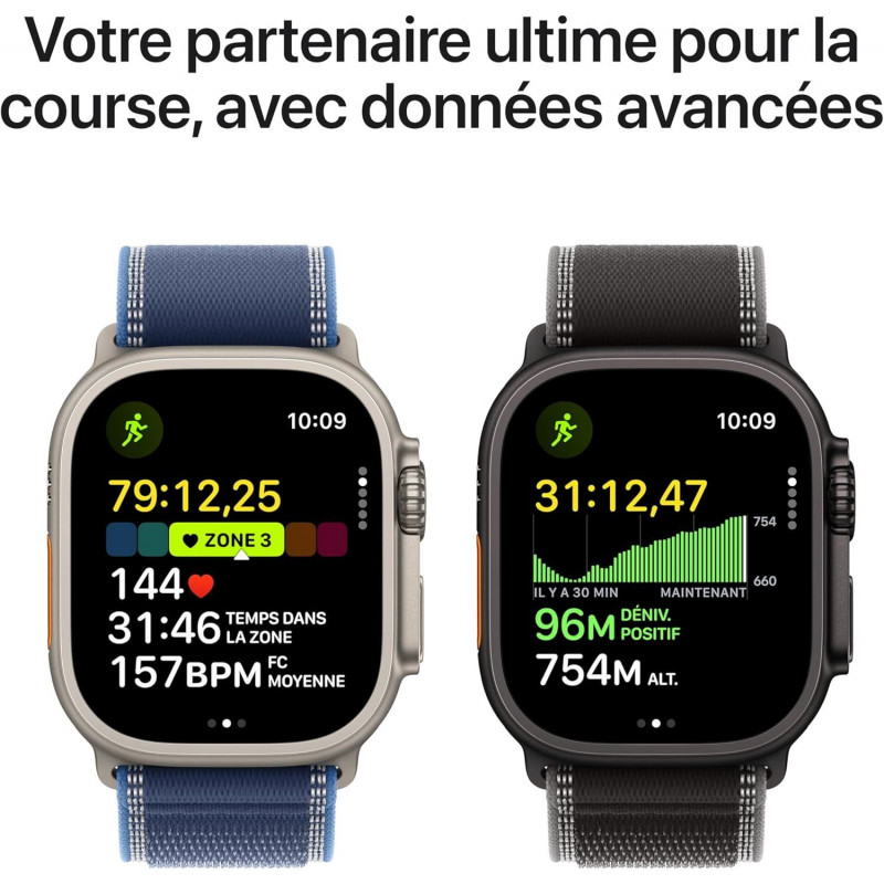 Apple Watch Ultra 3e génération (GPS, 49 mm) - Boîtier en titane naturel avec bracelet Trail Loop bleu et bleu vif, tailles S/M