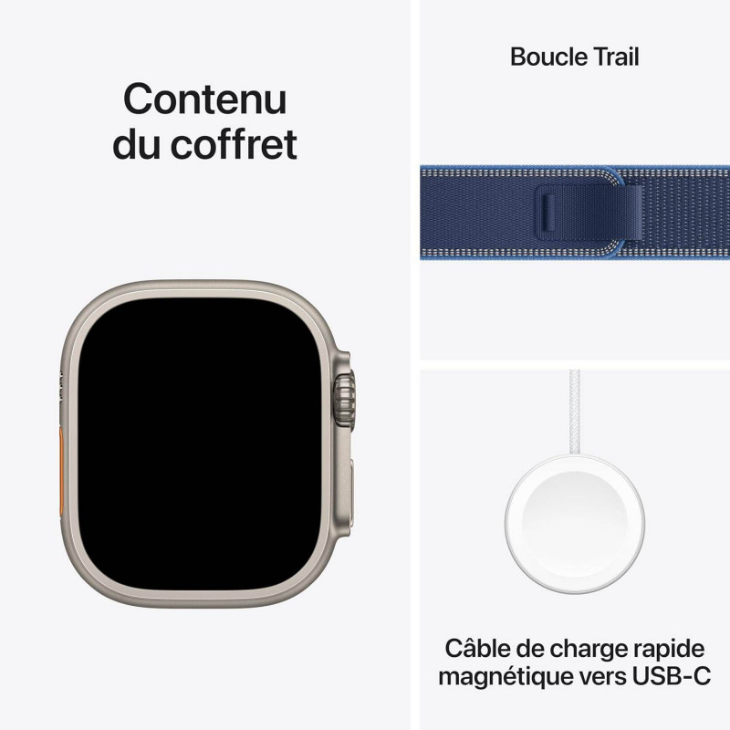 Apple Watch Ultra 3e génération (GPS, 49 mm) - Boîtier en titane naturel avec bracelet Trail Loop bleu et bleu vif, tailles S/M
