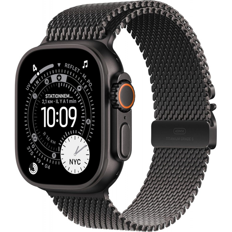 Apple Watch Ultra 3e génération (GPS, 49 mm) - Boîtier en titane noir avec bracelet milanais en titane noir (taille moyenne)