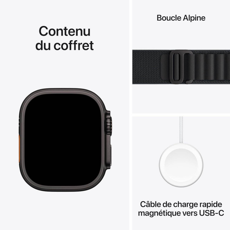 Apple Watch Ultra 3e génération (GPS, 49 mm) - Boîtier en titane noir avec bracelet Alpine Loop noir (grand modèle)